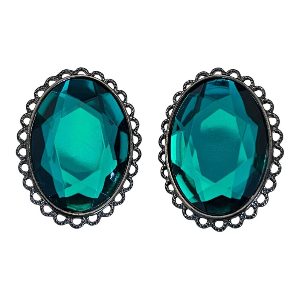 Vintage 1980s Green Faceted Glass Earrings Hematite Tone Clip On - 12R